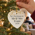 Personalised First Christmas as Mr & Mrs Ceramic Heart hanging on a Christmas tree