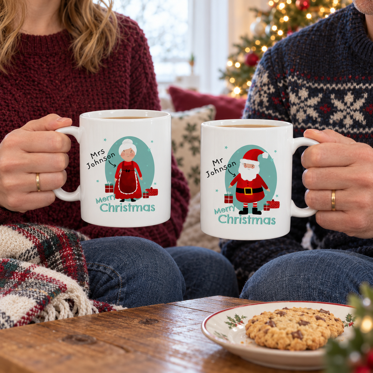 Couple holding the Personalised Mr & Mrs Claus Christmas Mug Set by the tree
