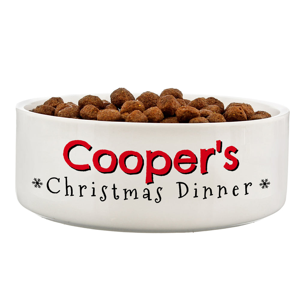 Personalised Christmas Dinner ceramic pet bowl filled with food on the kitchen floor