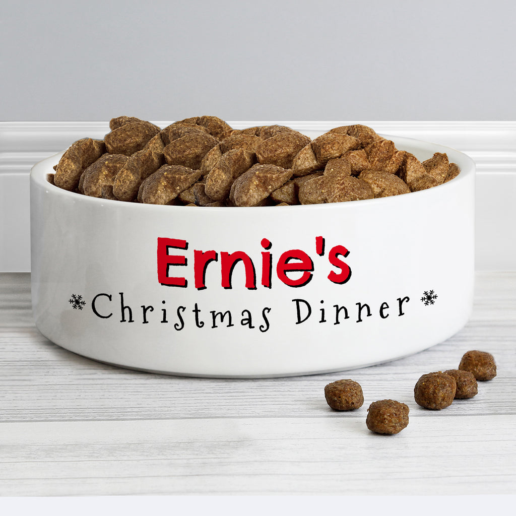 Personalised Christmas Dinner Ceramic Pet Bowl with personalised text, view 2