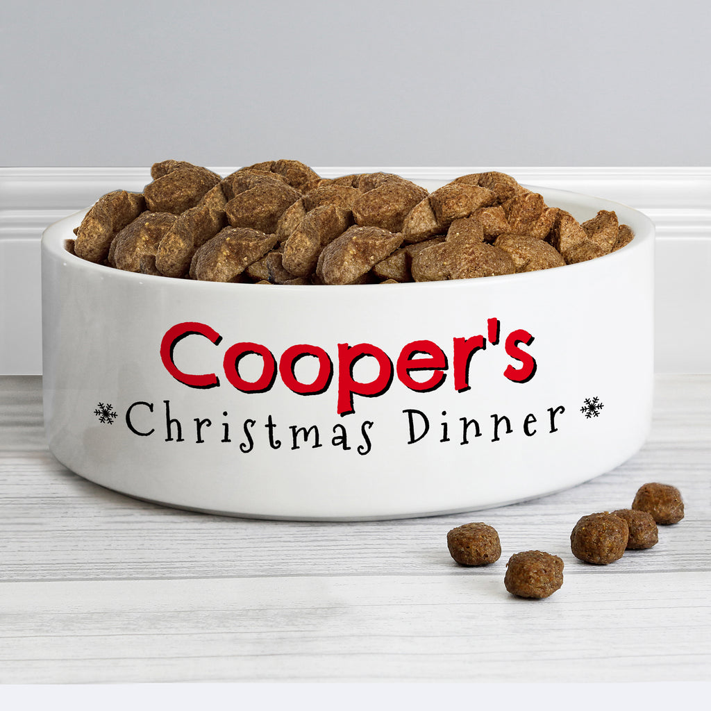 Personalised Christmas Dinner Ceramic Pet Bowl with personalised text, view 3