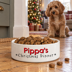 Personalised Christmas Dinner ceramic pet bowl full of food with a dog waiting by the tree