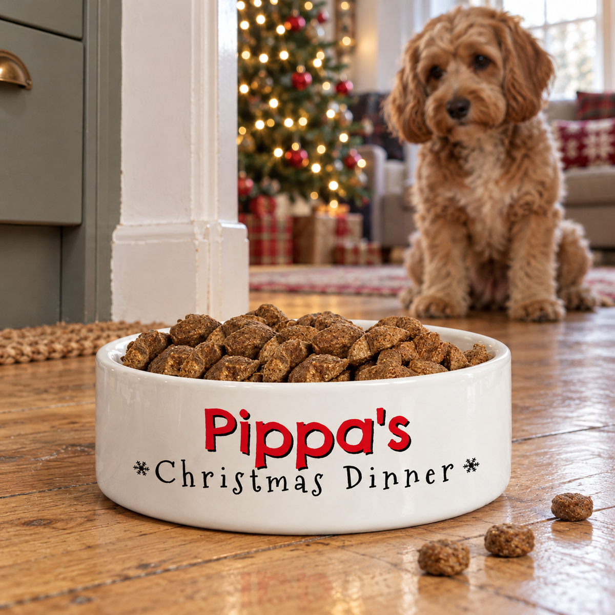 Personalised Christmas Dinner ceramic pet bowl full of food with a dog waiting by the tree