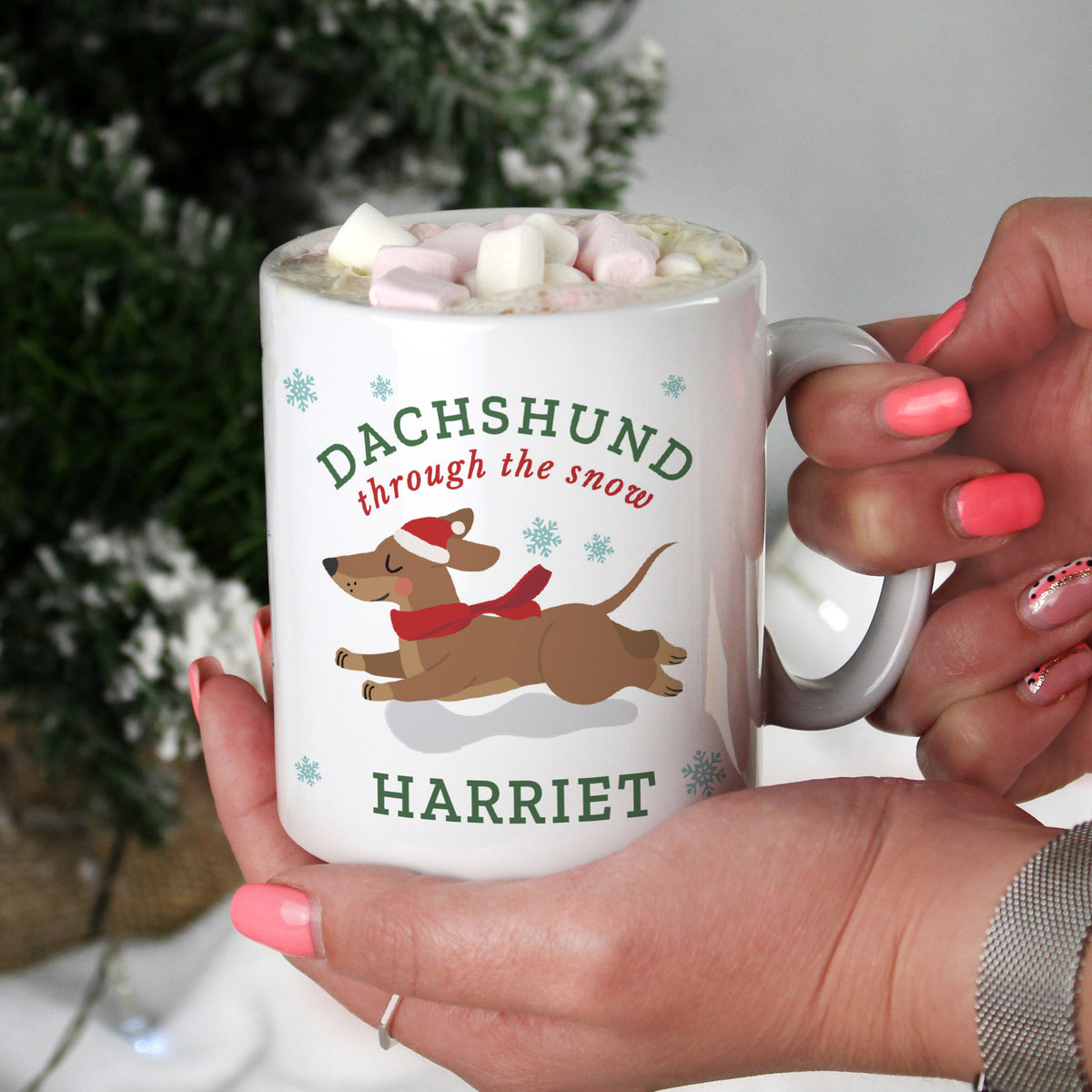 Personalised Dachshund Through the Snow Christmas Mug with personalised text, view 4