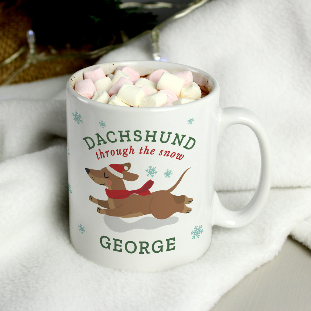 Personalised Dachshund Through the Snow Christmas mug with hot chocolate