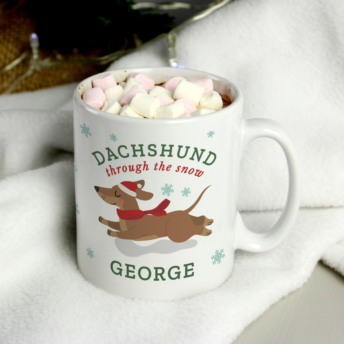 Personalised Dachshund Through the Snow Christmas mug with hot chocolate