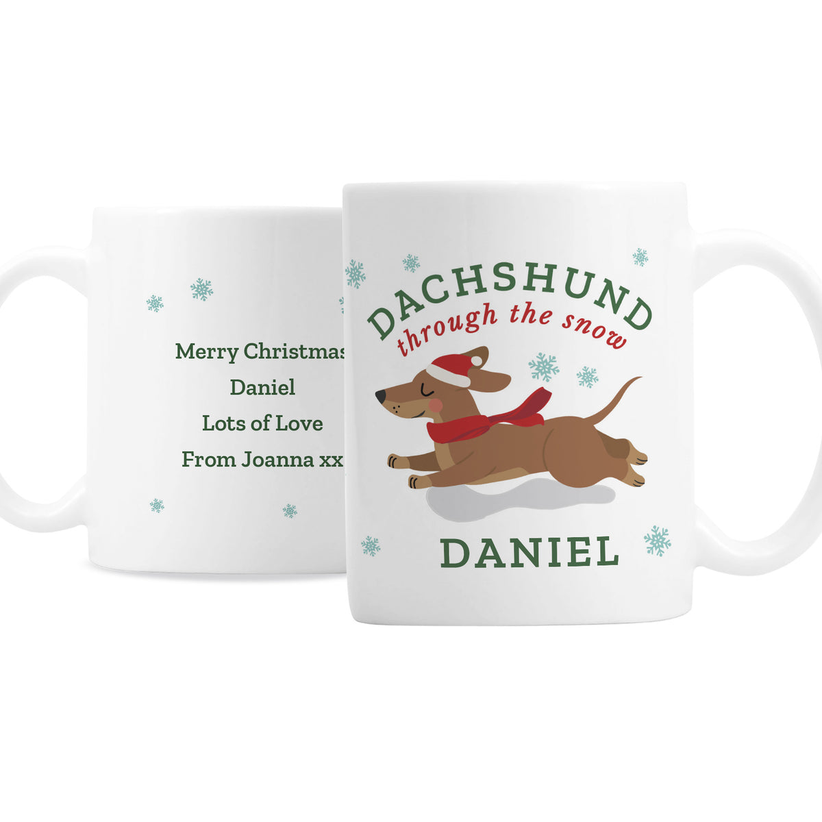 Personalised Dachshund Through the Snow Christmas Mug with personalised text, view 3
