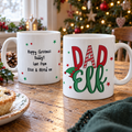 Personalised Dad Elf Christmas mug shown front and back with a mince pie