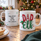 Personalised Dad Elf Christmas mug shown front and back with a mince pie