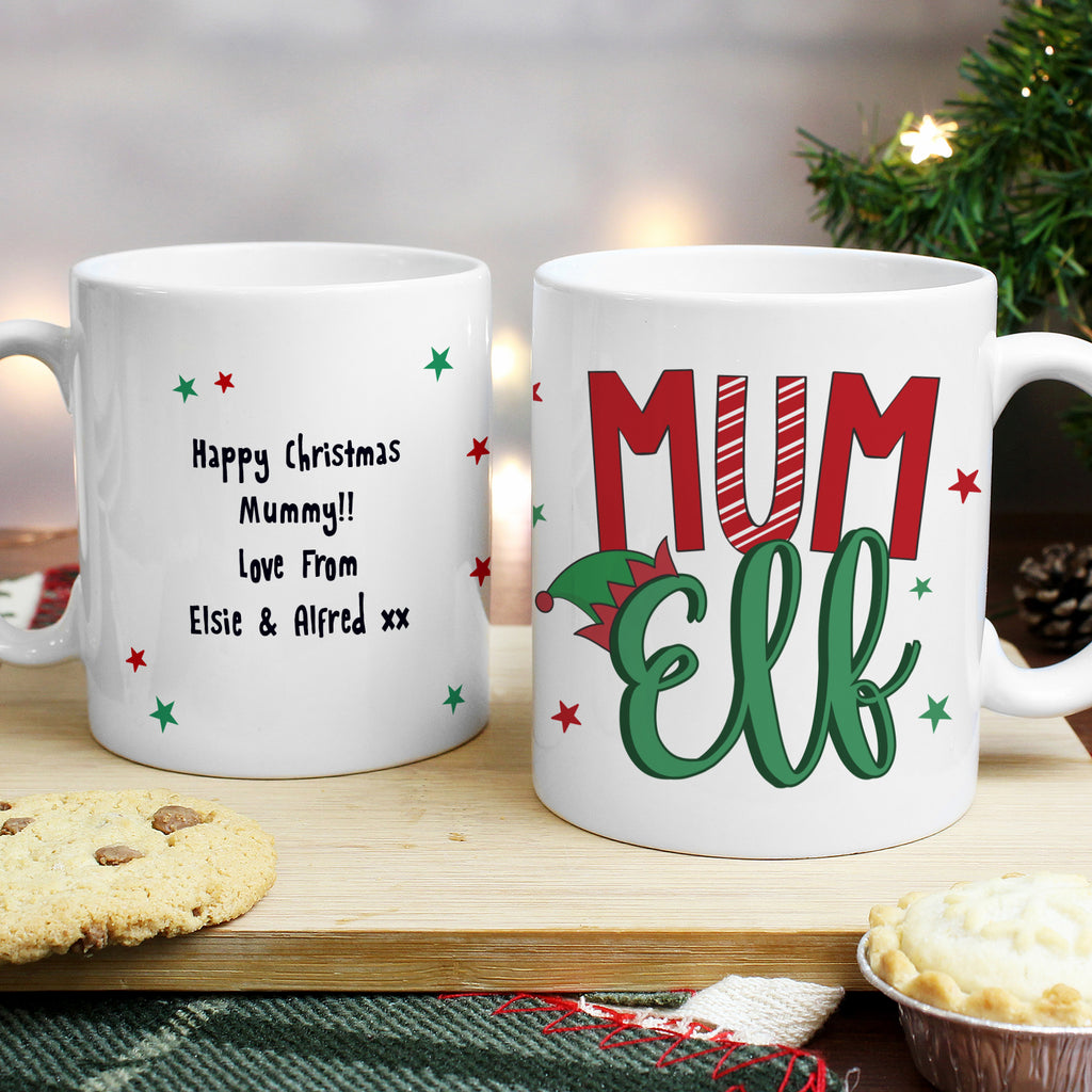 Personalised Mum Elf Christmas Mug with personalised text, view 3