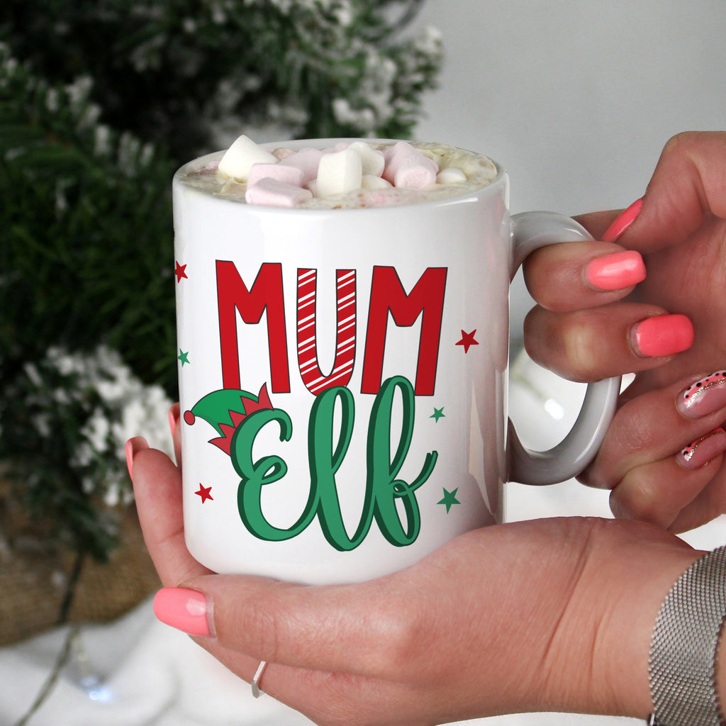 Personalised Mum Elf Christmas mug with a message on the back