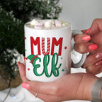 Personalised Mum Elf Christmas mug with a message on the back