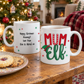 Personalised Mum Elf Christmas mug shown front and back by the Christmas tree