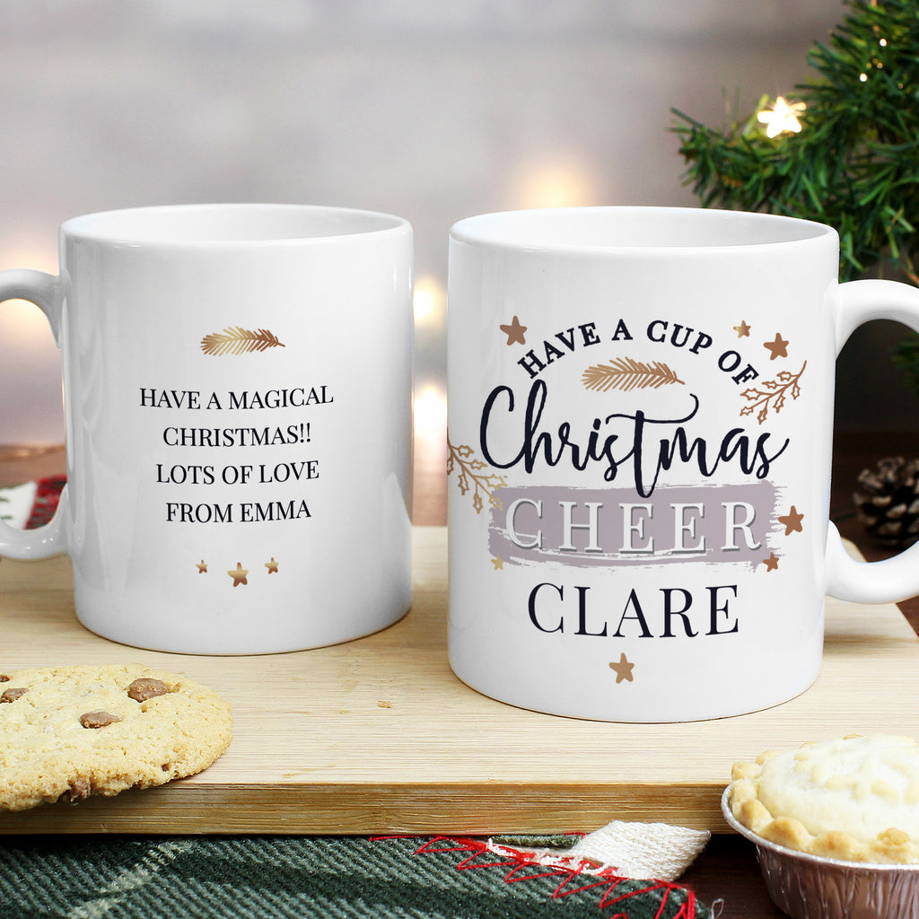 Personalised Cup of Christmas Cheer mug topped with hot chocolate and marshmallows