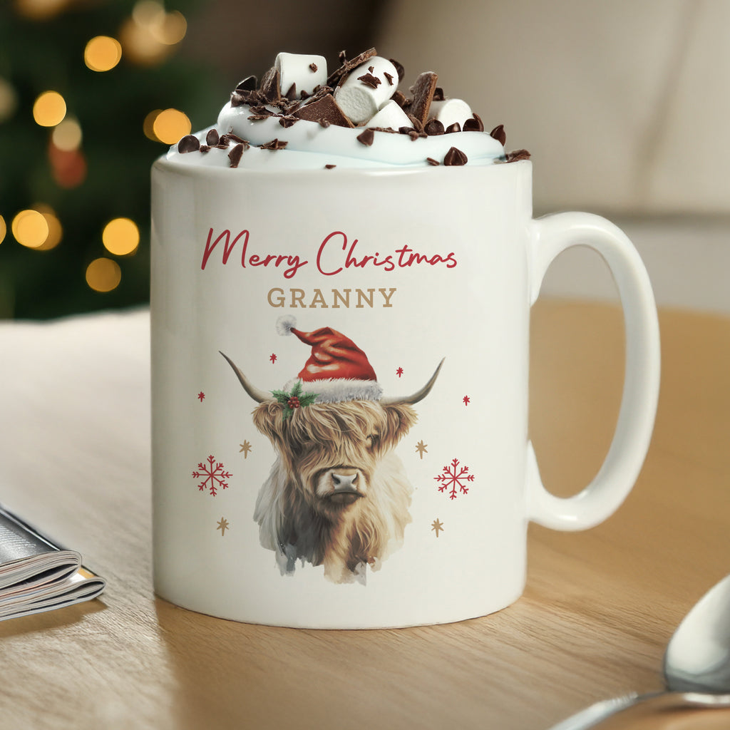Personalised Christmas Highland Cow Mug with personalised text, view 4