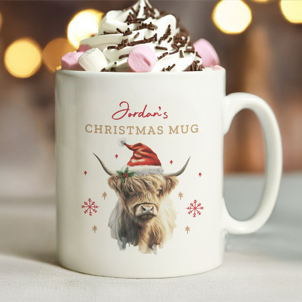 Personalised Christmas Highland Cow Mug with personalised text, view 2