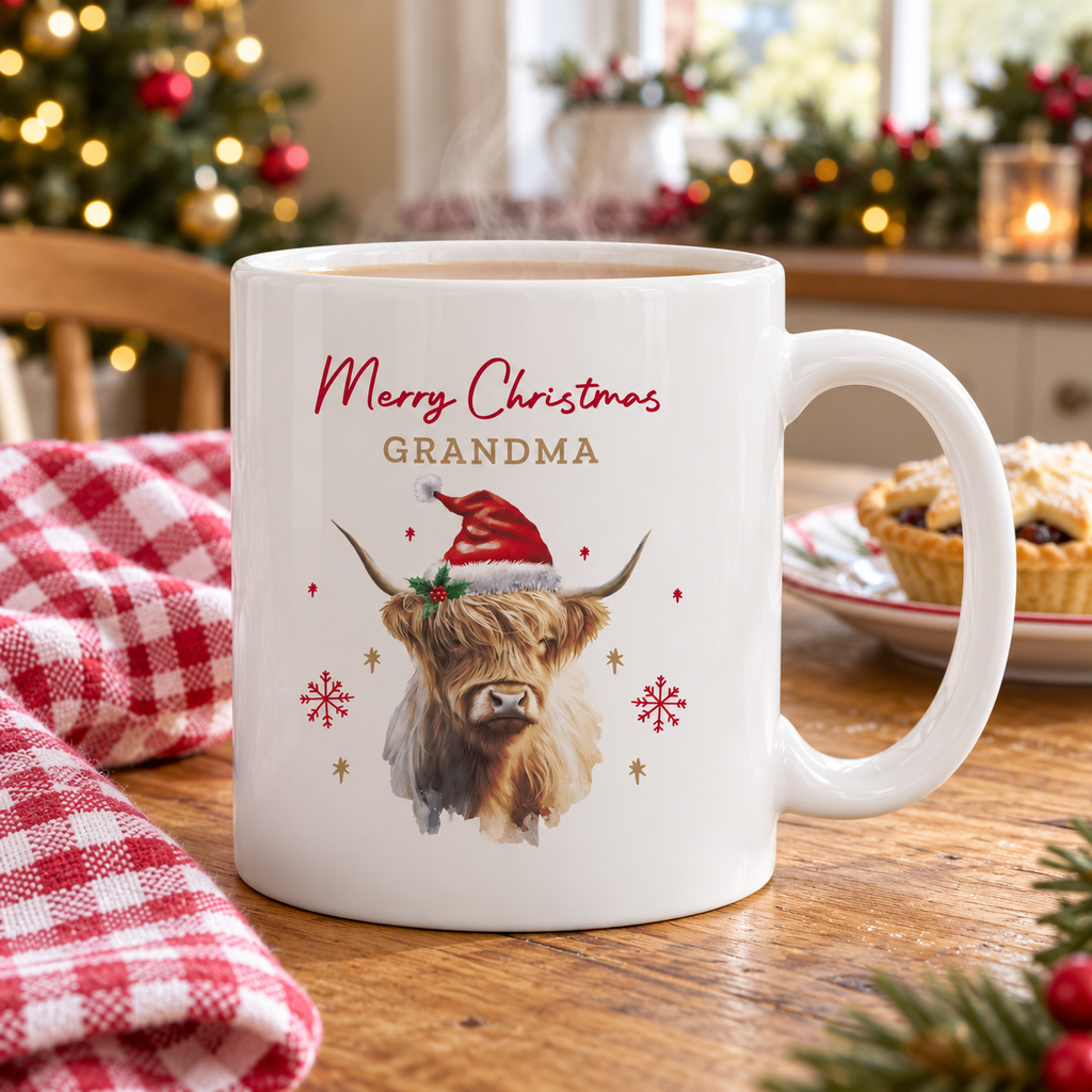 Personalised Christmas Highland cow mug in a Santa hat on a festive kitchen table
