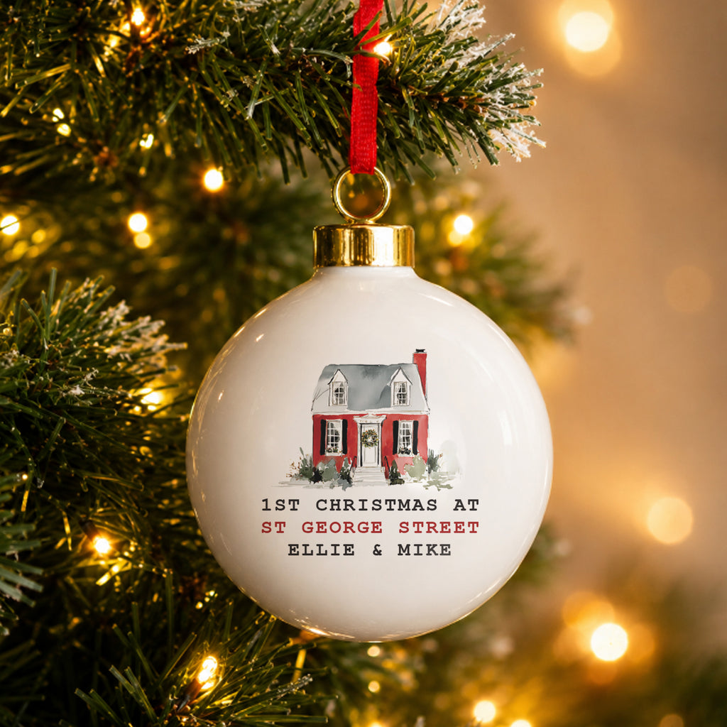 Personalised Watercolour House Ceramic Bauble with personalised text, view 4