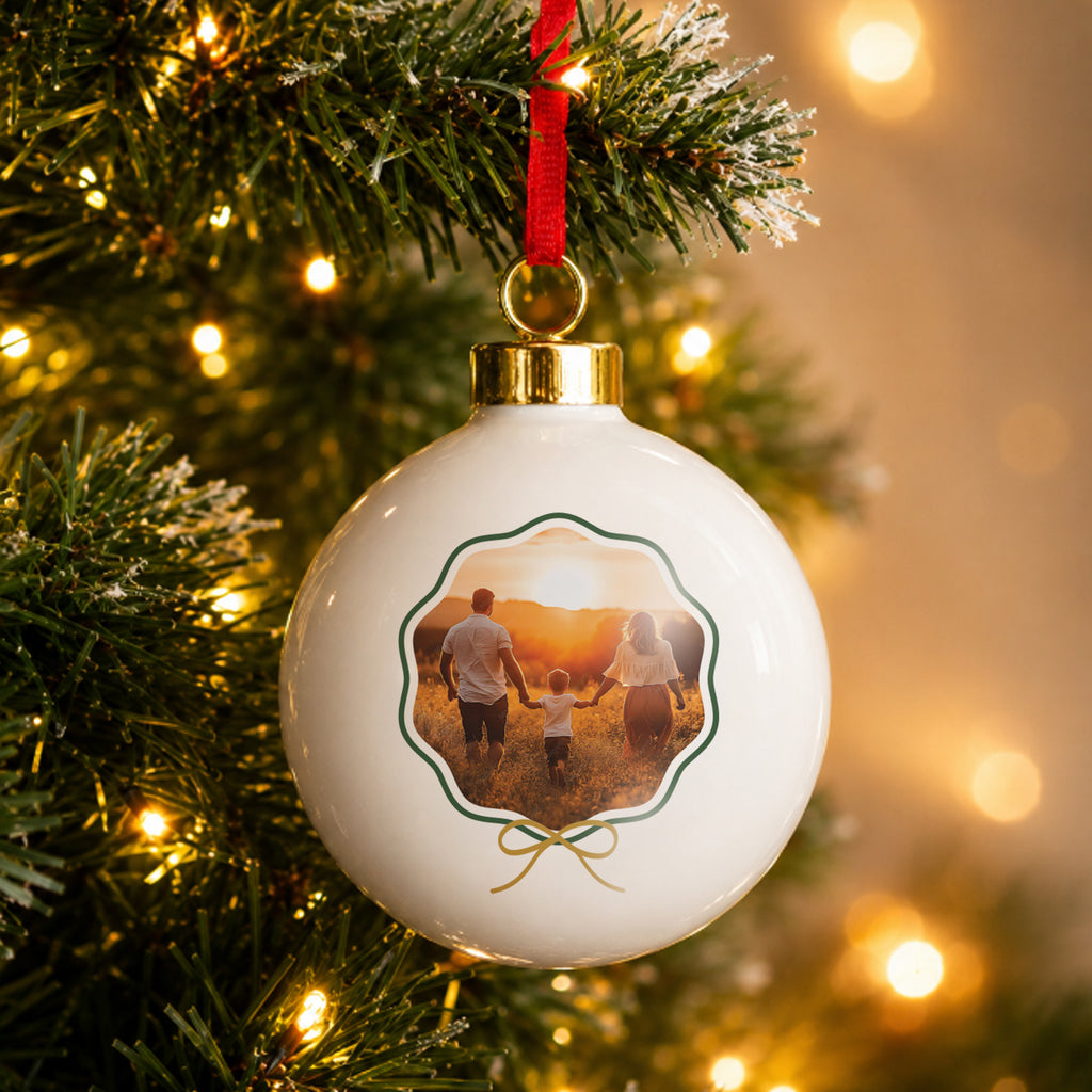 Personalised Scallop Bow Photo Ceramic Bauble with personalised text, view 4