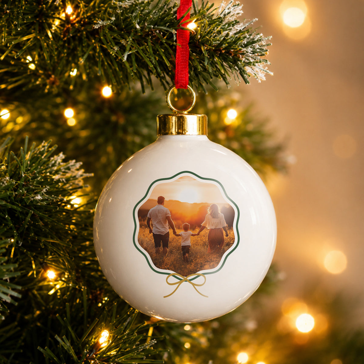 Personalised Scallop Bow Photo Ceramic Bauble with personalised text, view 4