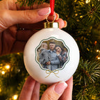 Personalised Scallop Bow Photo Ceramic Bauble with personalised text, view 2