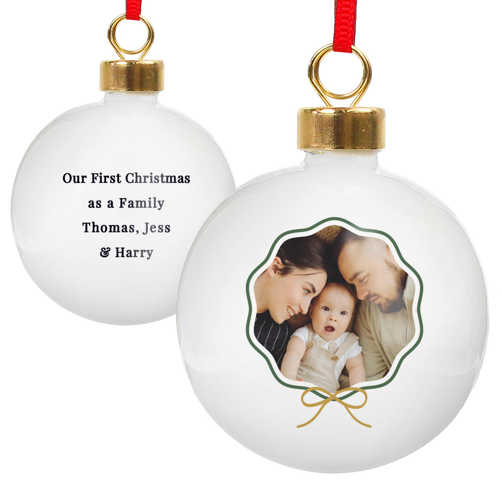 Personalised Scallop Bow Photo Ceramic Bauble with personalised text, view 3