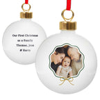 Personalised Scallop Bow Photo Ceramic Bauble with personalised text, view 3
