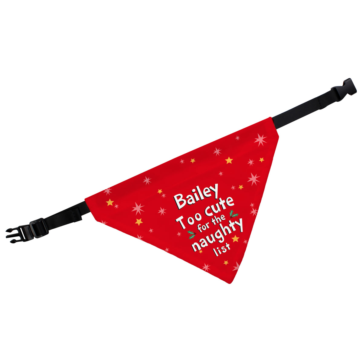 Dog wearing a personalised red Too Cute for the Naughty List Christmas bandana