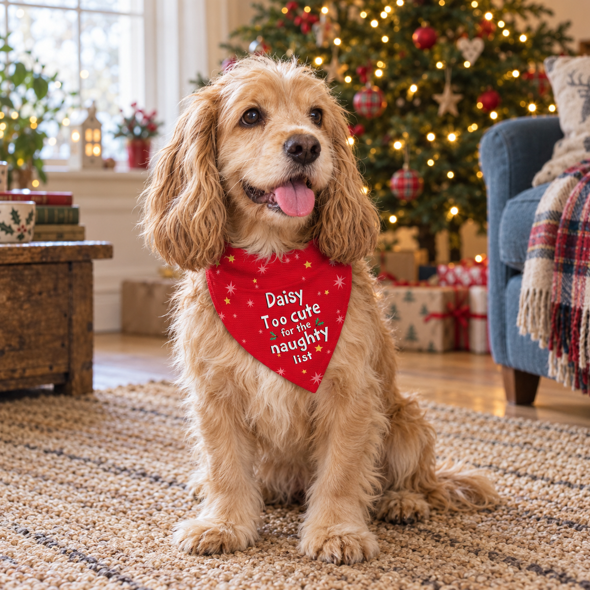 Dog wearing a personalised red Too Cute for the Naughty List bandana by the Christmas tree