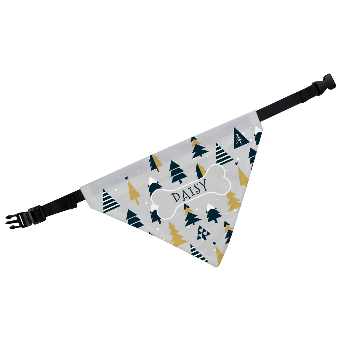 Dog wearing a personalised grey Christmas tree bandana with its name