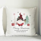 Personalised Gonk Merry Christmas Cushion on a sofa