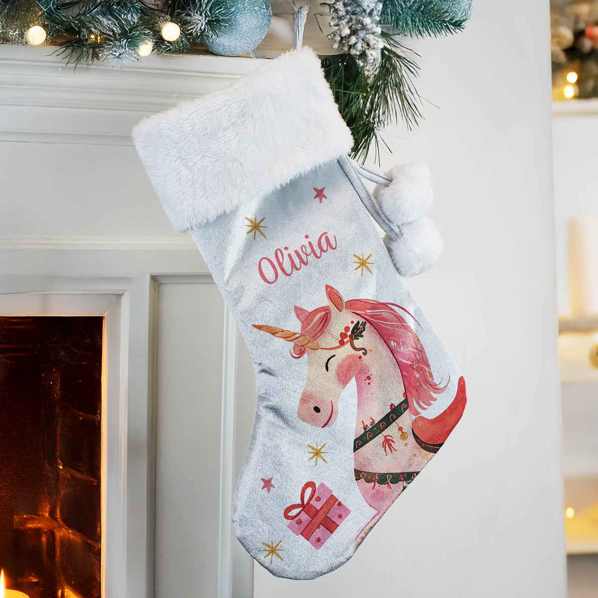 Personalised Unicorn Christmas Stocking with personalised text, view 2
