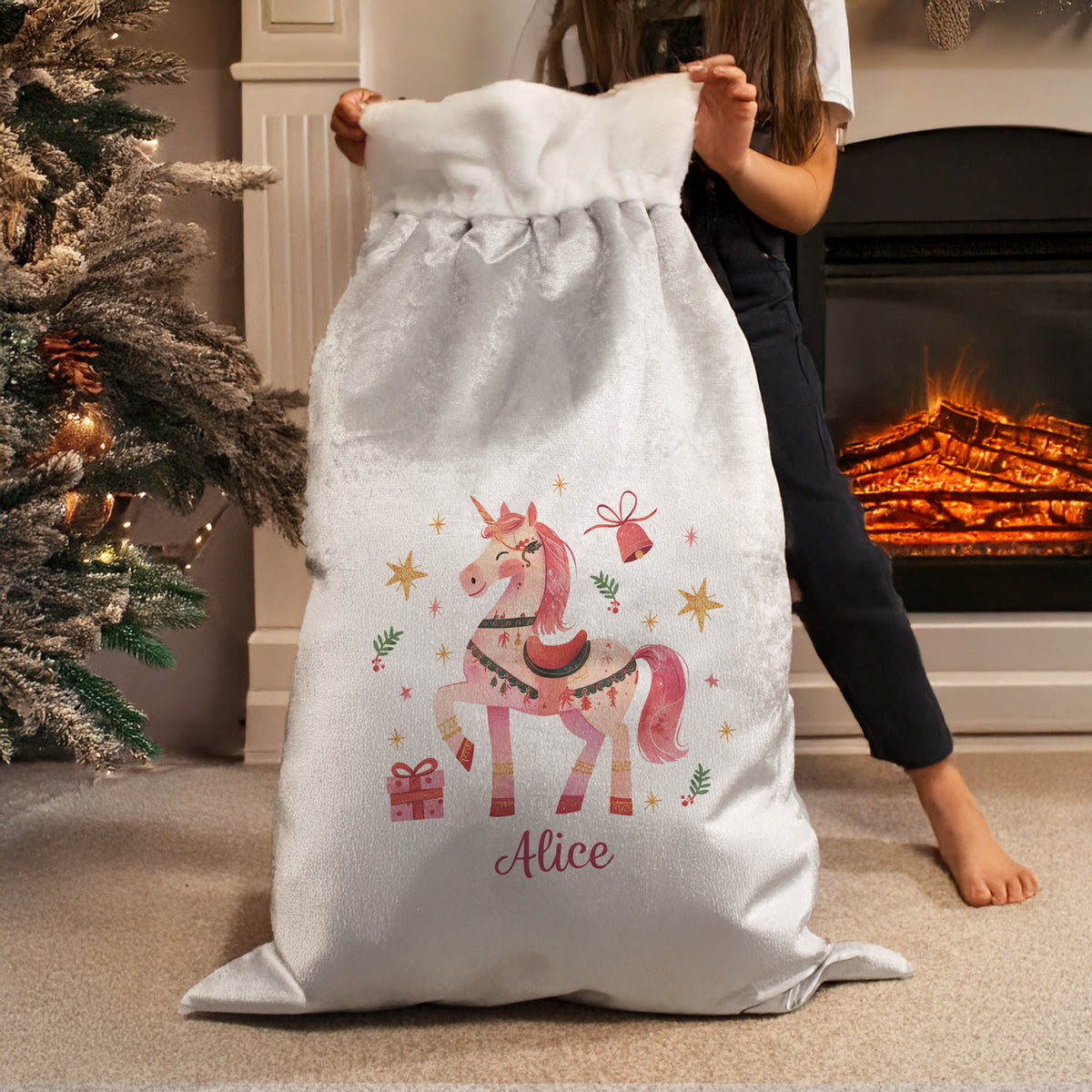 Personalised Unicorn Christmas Sack with personalised text, view 2