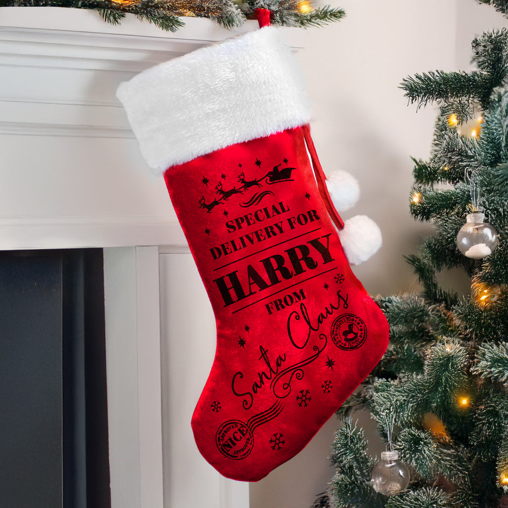 Personalised Special Delivery Red Christmas Stocking with personalised text, view 4