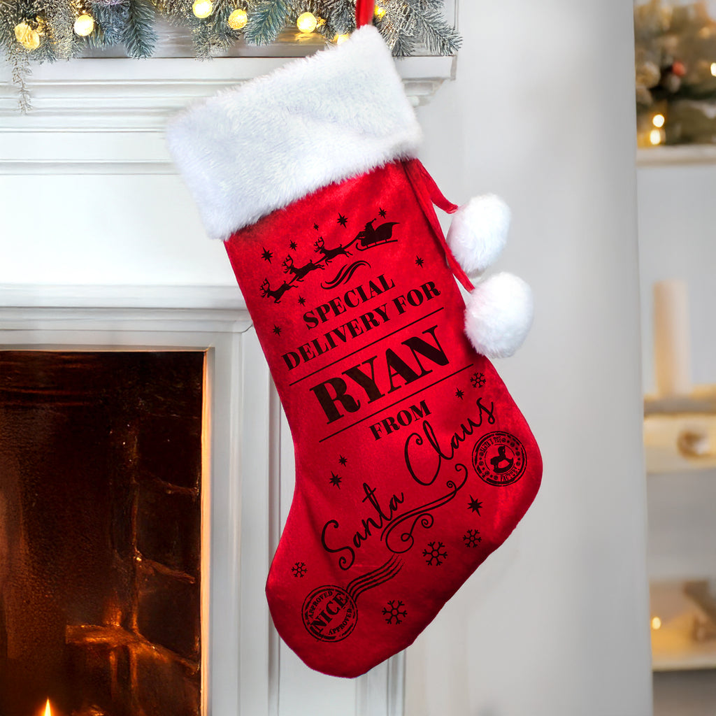 Personalised Special Delivery Red Christmas Stocking with personalised text, view 2