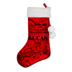 Personalised Special Delivery Red Christmas Stocking with personalised text, view 3