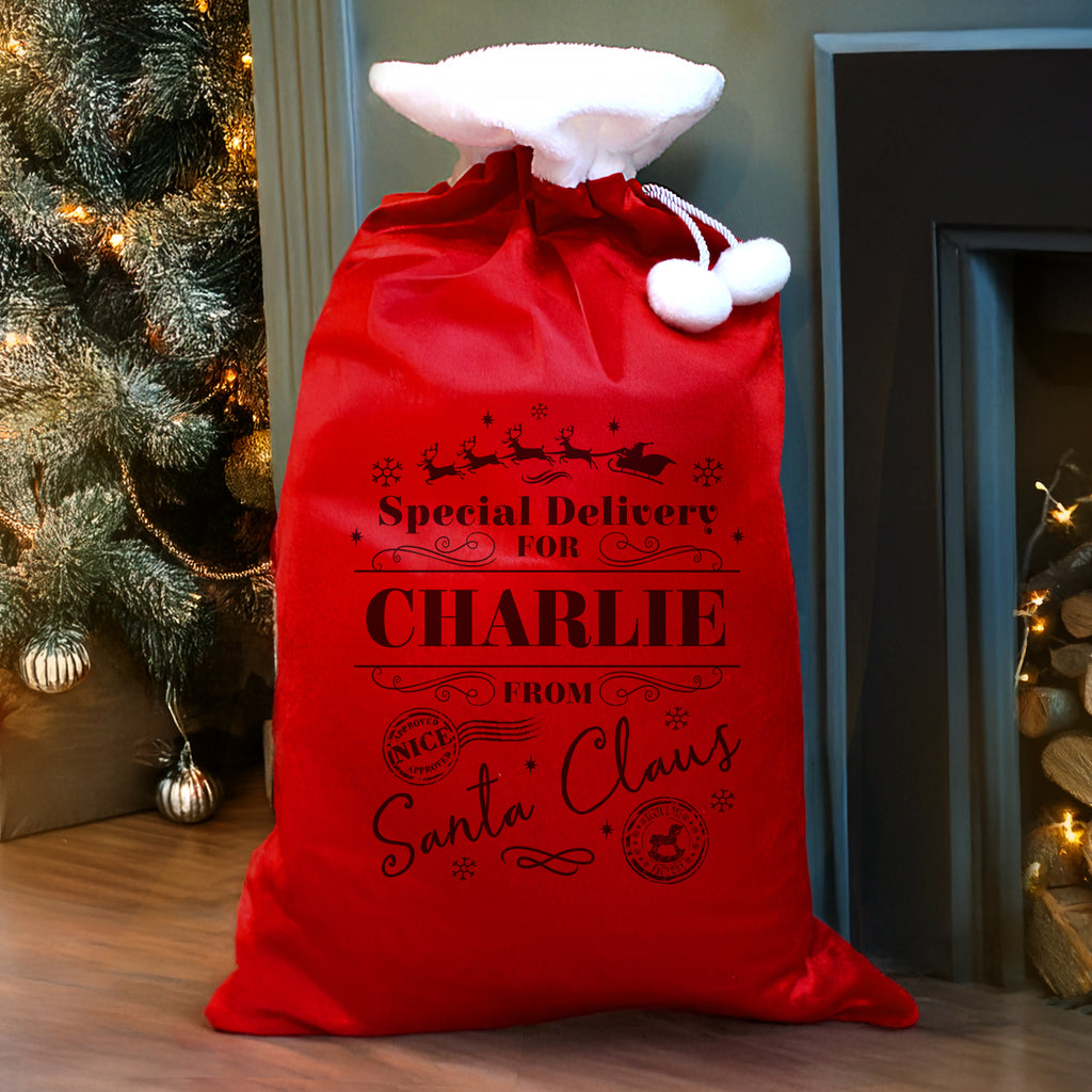 Personalised Special Delivery Red Christmas Sack with personalised text, view 4