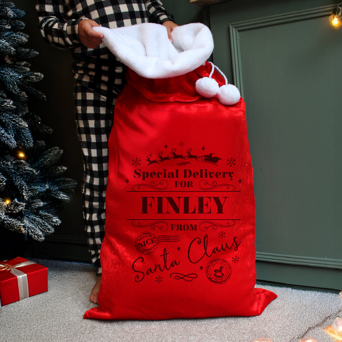 Personalised Special Delivery Red Christmas Sack with personalised text, view 2