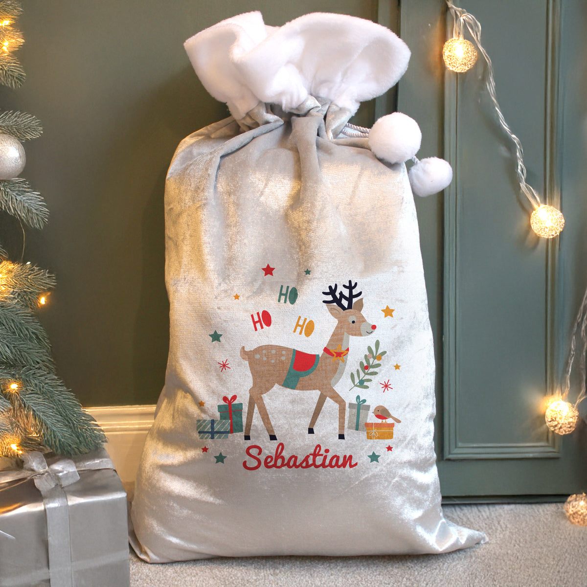 Personalised Reindeer Christmas Sack with personalised text, view 4