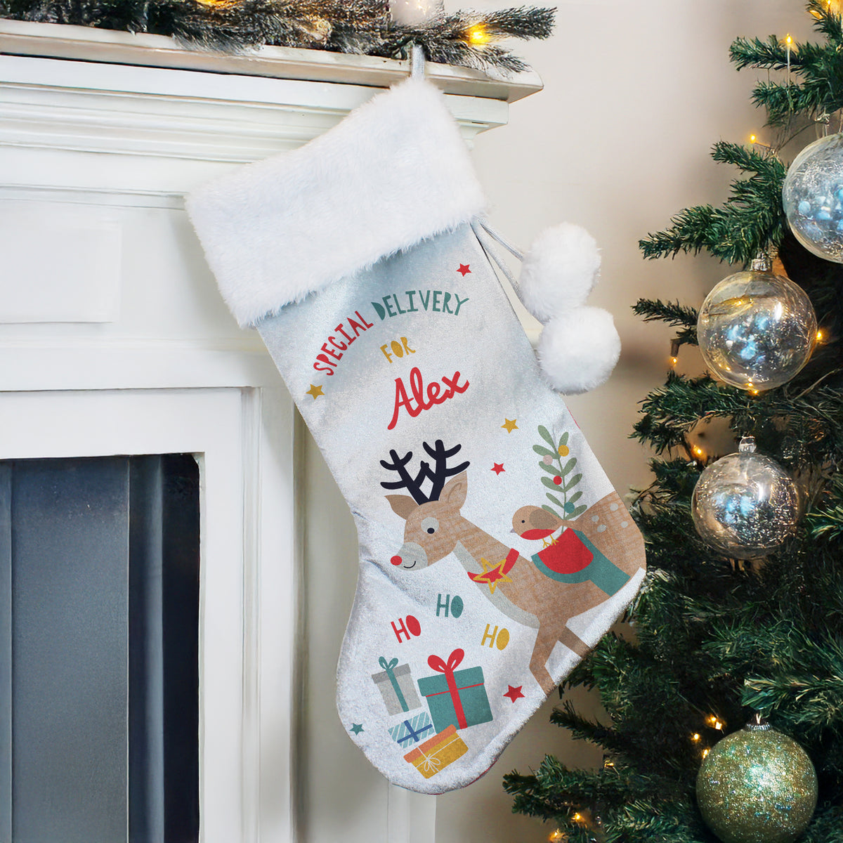 Personalised Reindeer Special Delivery Christmas Stocking with personalised text, view 4