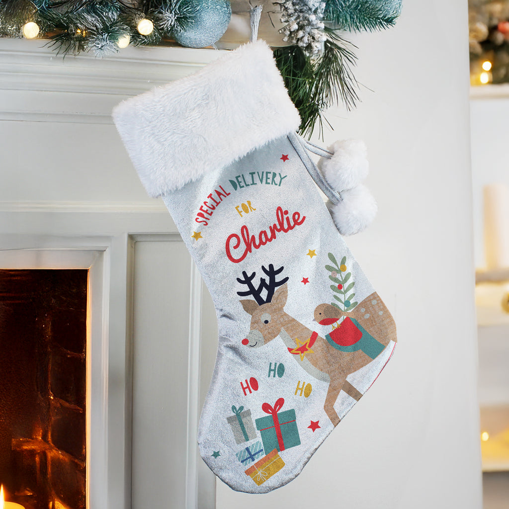 Personalised Reindeer Special Delivery Christmas Stocking with personalised text, view 2