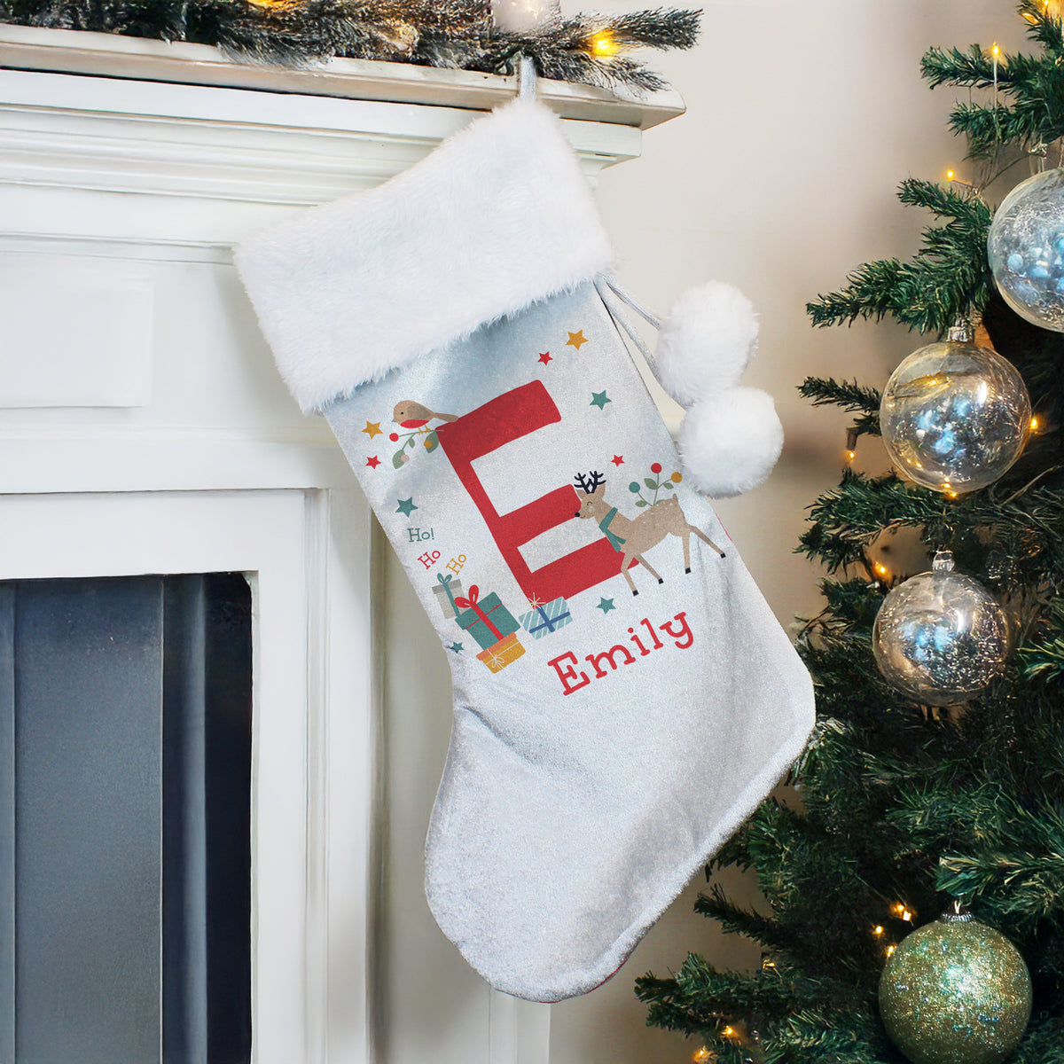 Personalised Initial Reindeer Christmas Stocking with personalised text, view 4