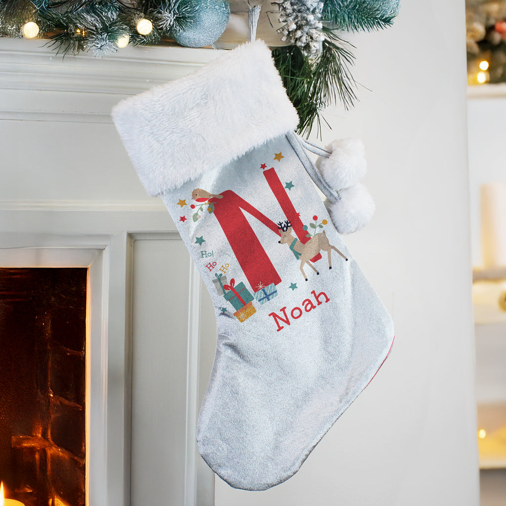 Personalised Initial Reindeer Christmas Stocking with personalised text, view 2