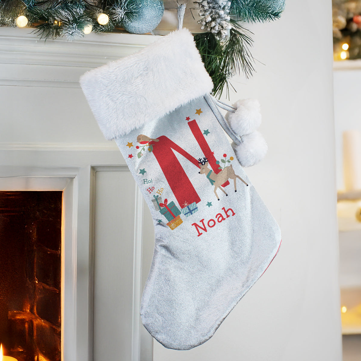 Personalised Initial Reindeer Christmas Stocking with personalised text, view 2