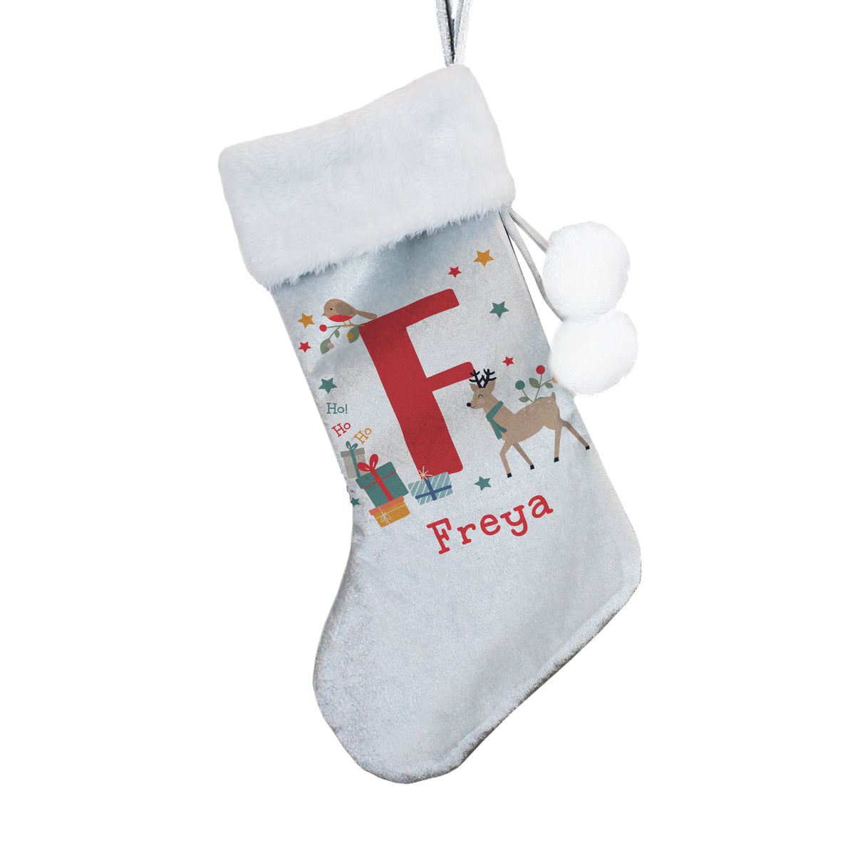 Personalised Initial Reindeer Christmas Stocking with personalised text, view 3