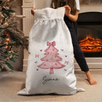 Personalised Pink Bow Christmas Tree Sack with personalised text, view 2