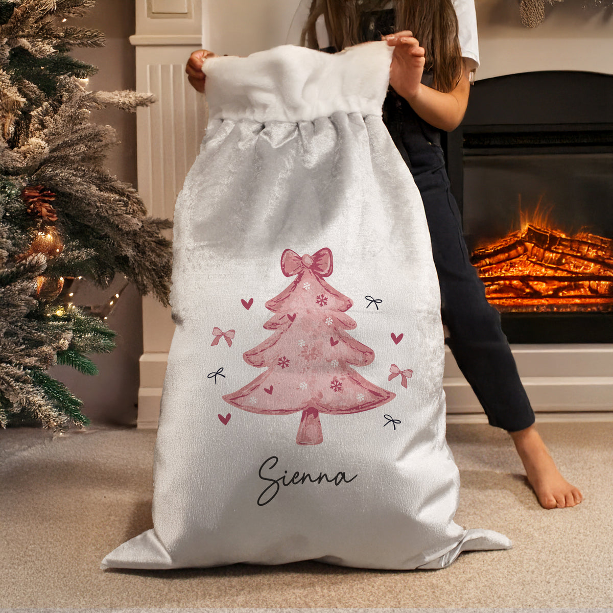 Personalised Pink Bow Christmas Tree Sack with personalised text, view 2