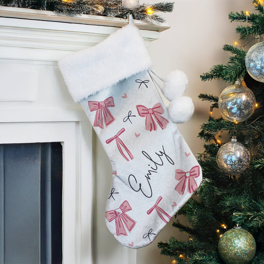 Personalised Pink Bow Christmas Stocking with personalised text, view 4