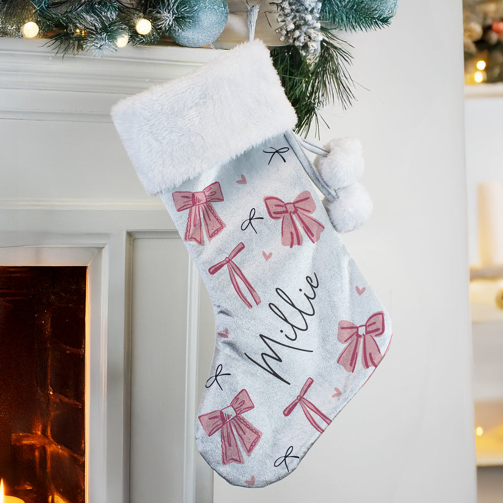 Personalised Pink Bow Christmas Stocking with personalised text, view 2