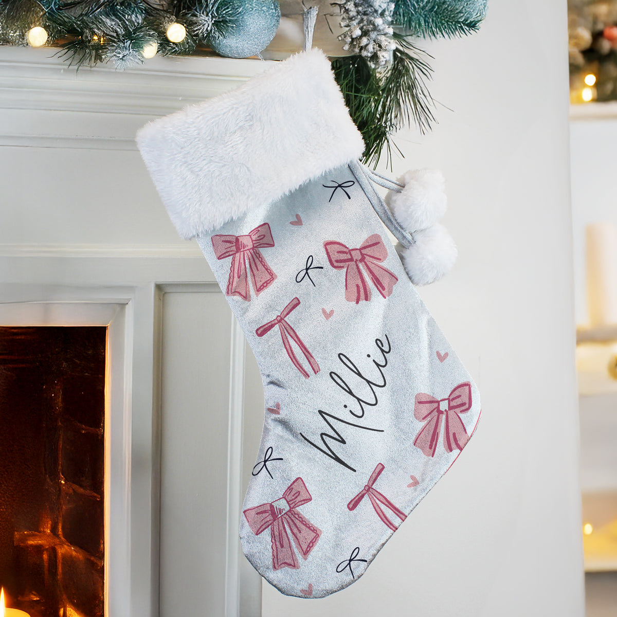 Personalised Pink Bow Christmas Stocking with personalised text, view 2